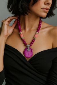 Natural Agate Slice Pendant With Agate Beads peach