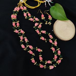 2 Layer Coral Tulip Necklace With Pearl Loreals And Pumpkin Beads