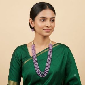 5 Layer PURPLE (Double Shade) Agate Necklace Matching Hook Earrings, 20 Inch Elegant Ethnic Jewellery Set for Weddings, Parties & Festive Wear