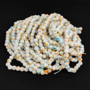 Printed Glass Beads, 8mm, Round, White Mukti, 30"(100 Beads Approx)