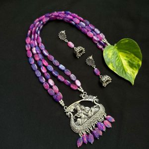 Double Layer Flat Oval Glass Beads Necklace With Radha Krishna Pendant, Violet