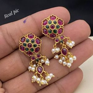Matt Gold Cz Stone Flower Earrings With Pearl Loreals, Ruby Pink And Emerald