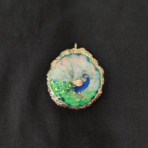 Onyx Pendant features a Peacock painting on Onyx Stones detailed with Gold foil borders