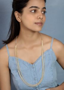 Navrabeads Gold Shell Pearl Long 3-Layer Necklace for Women | Elegant Multi-Strand Designer Jewelry | Handmade Festive & Wedding Statement Necklace for Luxe Style & Confidence