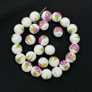 Porcelain Beads, 12mm, Round, Pink And Green , Pack of 10 pieces