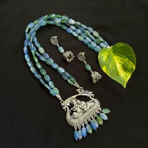 Double Layer Flat Oval Glass Beads Necklace With Radha Krishna Pendant, Light Blue And Green