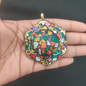 Tibetan Hexagon Shaped Pendant, Multi Colour
