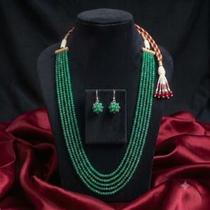 5 Layer Green Agate Necklace Matching Hook Earrings, 20 Inch Elegant Ethnic Jewellery Set for Weddings, Parties & Festive Wear