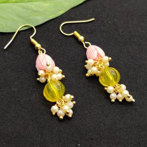 Coral Tulips Earrings With (Yellow) Pumpkin And Pearl Loreals