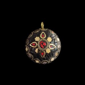 Tibetan Round Shaped Pendant, Black With Gold Designs
