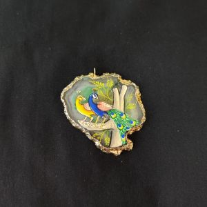 Onyx Pendant features a Peacock painting on Onyx Stones detailed with Gold foil borders