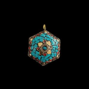 Tibetan Hexagon Shaped Pendant, Turquoise With Gold Designs