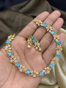 CZ Necklace ,Light Blue, with back chain