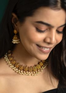 Navrabeads Matt Finish Necklace Set with Gold Pearls for Women | Elegant Antique-Style Pearl Necklace with Matching Earrings | Premium Ethnic Jewelry for Festive, Wedding & Traditional Wear