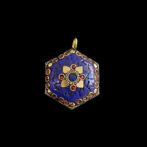 Tibetan Hexagon Shaped Pendant, Purple With Gold Designs