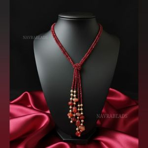  Boho Knot Necklace – Adjustable 2-Line Long Beaded Statement Necklace | Multi-Gem Beads | Wear as Knot Style / Layered Style