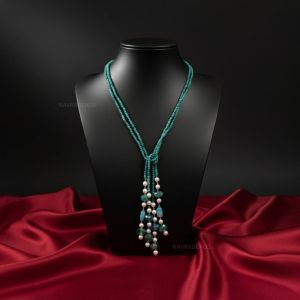  Boho Knot Necklace – Adjustable 2-Line Long Beaded Statement Necklace | Multi-Gem Beads | Wear as Knot Style / Layered Style