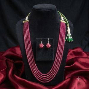 5 Layer PINK Agate Necklace Matching Hook Earrings, 20 Inch Elegant Ethnic Jewellery Set for Weddings, Parties & Festive Wear