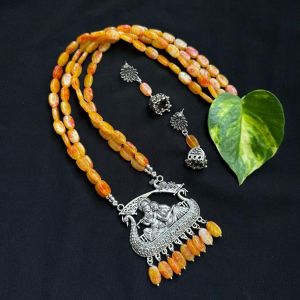 Double Layer Flat Oval Glass Beads Necklace With Radha Krishna Pendant, Orange