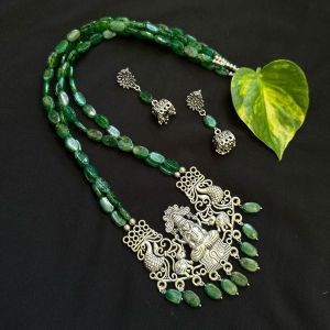 2 Layer Flat Oval Glass Beads Necklace With Oxidised Silver (Lakshmi) Pendant, Dark Green