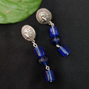 Blue Glass Cylinder Beads Earrings 