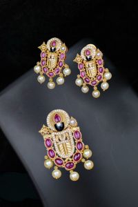 Matt Gold Finish Perumal (Tirupati Balaji) Pendant With Earrings, Ruby Pink
