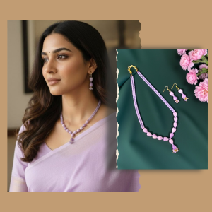 16inches Navrabeads CZ Bead Necklace Set with purple Tulip Beads | Elegant Designer Necklace & Matching Pendant Set for Women | Handcrafted Party & Festive Jewelry