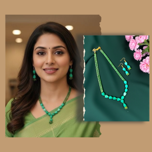 16inches Navrabeads CZ Bead Necklace Set with purple Tulip Beads | Elegant Designer Necklace & Matching Pendant Set for Women | Handcrafted Party & Festive Jewelry