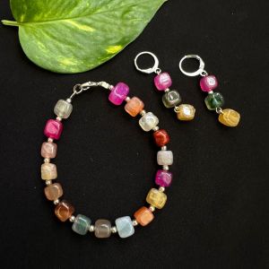 Multicolor Square Agate Bracelet + Earrings