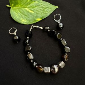 Black Square Agate Bracelet With Earrings