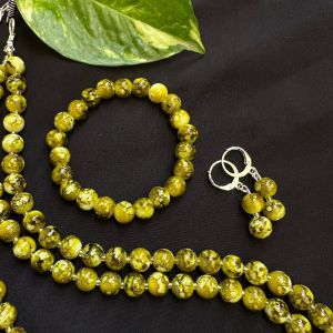 Printed Glass Beads Bracelet With Earrings, Olive Green