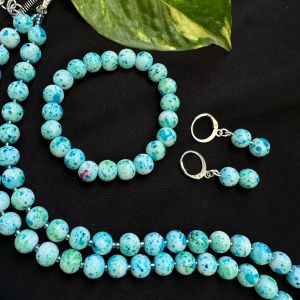 Printed Glass Beads Bracelet With Earrings, Light Blue