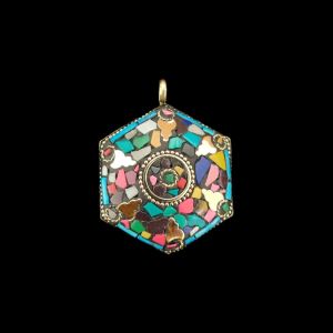 Tibetan Hexagon Shaped Pendant, Multi Colour