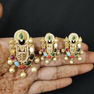 Matt Gold Finish Perumal (Tirupati Balaji) Pendant With Earrings, multi colour