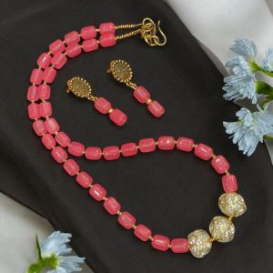 Glass Beads Cylinder Necklace with Earrings,Pink