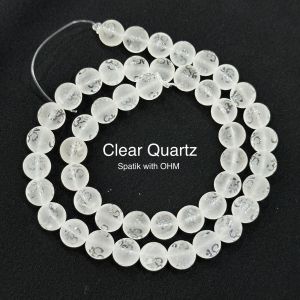 Natural Gemstone Beads, Clear Quartz (Spatik) with OHM symbol, 8mm