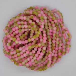 Printed Glass Beads, 8mm, Round, Pink And Mustard Yellow, 30"(100 Beads Approx)