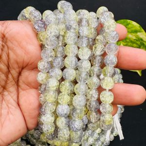 Crackle Glass Beads, 8mm Round, Light Yellow And Grey