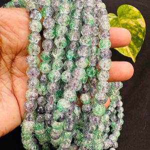 Crackle Glass Beads, 8mm Round, Green And Grey
