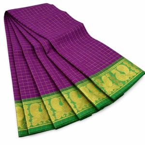 Chettinad Cotton Sarees, Purple with Green Gold zari Border