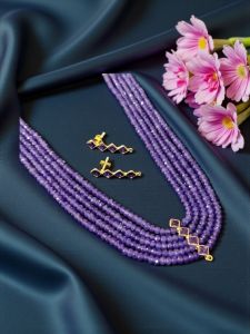 Kundan Pendant with Agate Beads in 5 layers, Purple