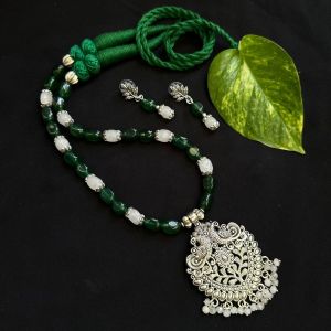 Natural Quartz Beads Necklace With Oxidised Silver Pendant, Green