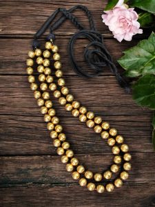 Hasini Aura - Double Layer Golden Beads Neckalce with black Crystals and Black Cotton Rope