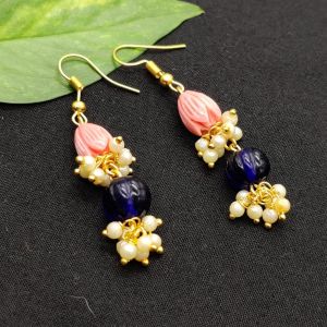Coral Tulips Earrings With (Dark Blue) Pumpkin And Pearl Loreals