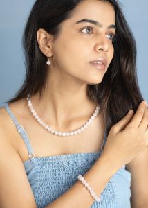 Navrabeads Rose Quartz Gemstone Necklace with Earrings for Women | Elegant Handmade Stone Jewelry Set for Festive Wear, Office Style & Soft Feminine Grace | Classic Indian Gemstone Necklace Set