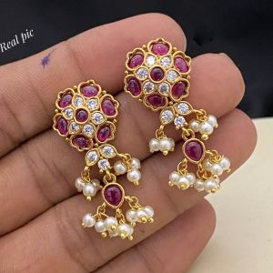 Matt Gold Cz Stone Flower Earrings With Pearl Loreals, Ruby Pink And White