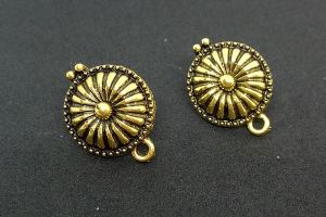 Earstud Post - Antique Gold Round with lines( with stoppers)