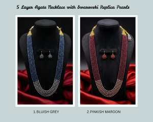 5 Layer Agate Necklace with Swarovski Replica Pearls and Matching Hook Earrings, 20 Inch Elegant Ethnic Jewellery Set for Weddings, Parties & Festive Wear
