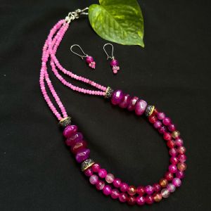 Onyx Necklace With Designer Caps, Dark Pink