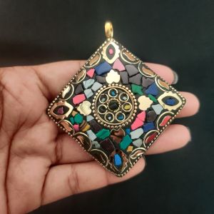 Tibetan Diamond Shaped Pendant With Gold Designs 